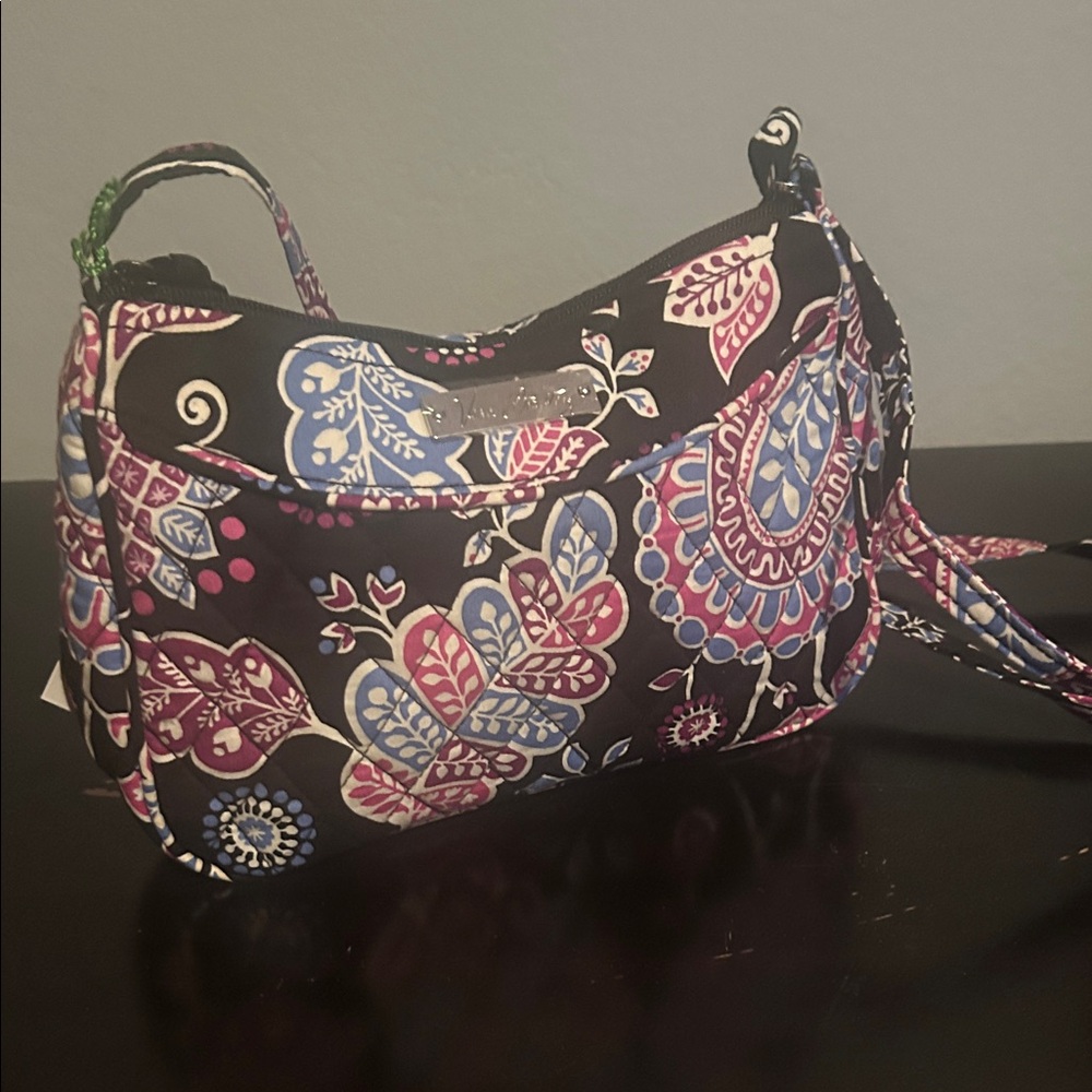 Vera Bradley Black Floral Quilted Wristlet with Pink & Blue Paisley